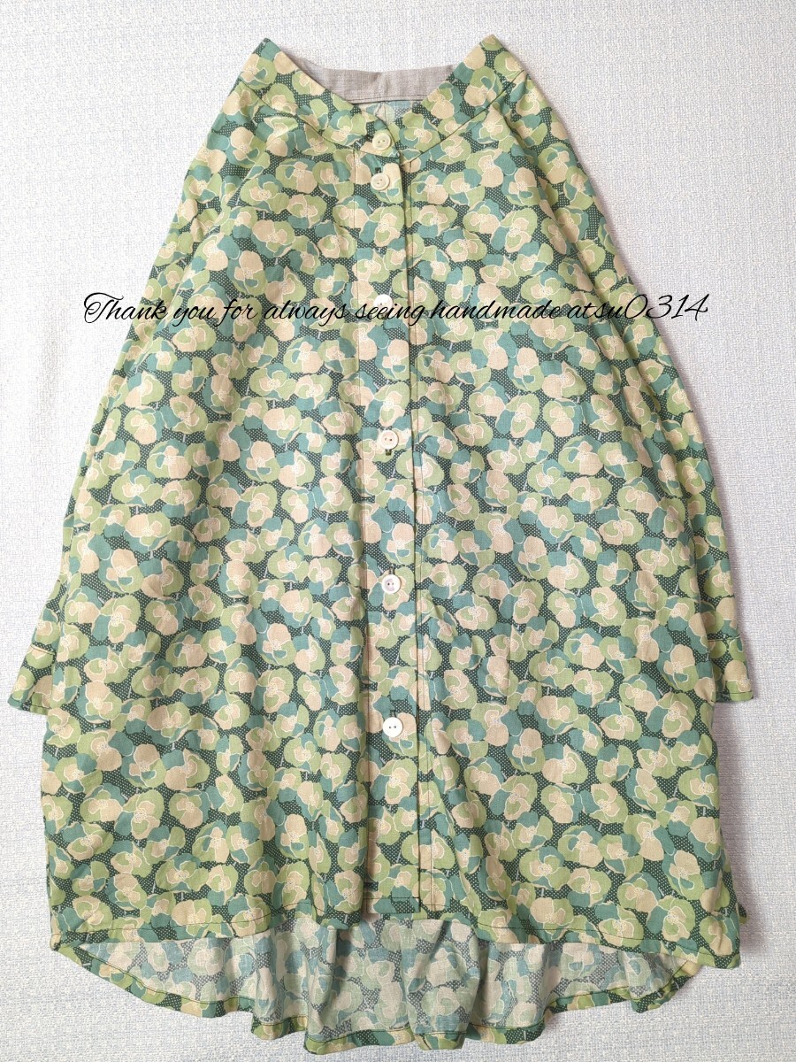 **handmade** Cotton flower バンドカラー チュニック丈ブラウス ハンドメイドの画像1