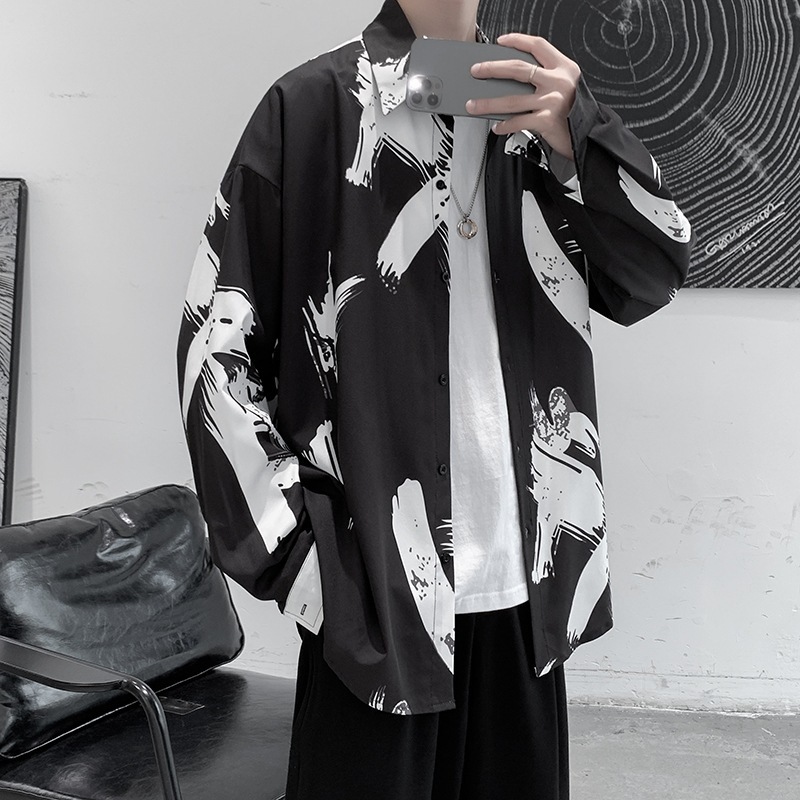 新品 シャツ ゆったり ペイント 総柄 メンズ 長袖 M XL ブラック 新品 シャツ ゆったり ペイント 総柄 メンズ 長袖 M XL ブラック