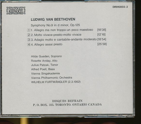 JA807●(DR910003-2)フルトヴェングラー「ベートーヴェン:交響曲 第9番」輸入盤CD DISQUES REFRAIN_画像2