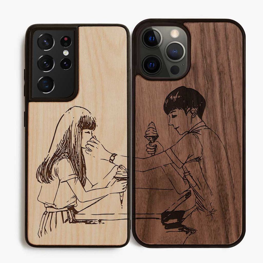 【吉Aqua】天然木 カップル用 iPhoneケース専用木製 アイフォンケース 大丈夫 保証期間１ヶ月 ２点セット ファッション　12