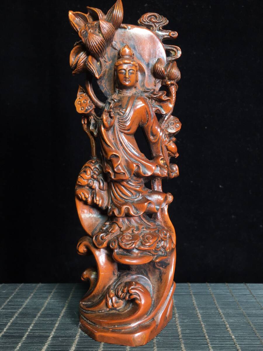 中国の古木彫り 清代 仏教 仏像 黄楊木蓮華観音の置物 仏教古美術 供養品 木彫り 時代物 置物 中国古美術 GYS113_画像6