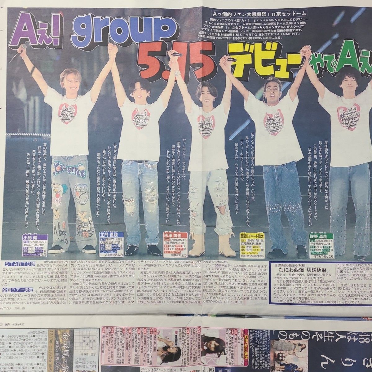 3月17日 朝刊　Aぇ！group 5.15デビュー！！スポーツ紙全6社