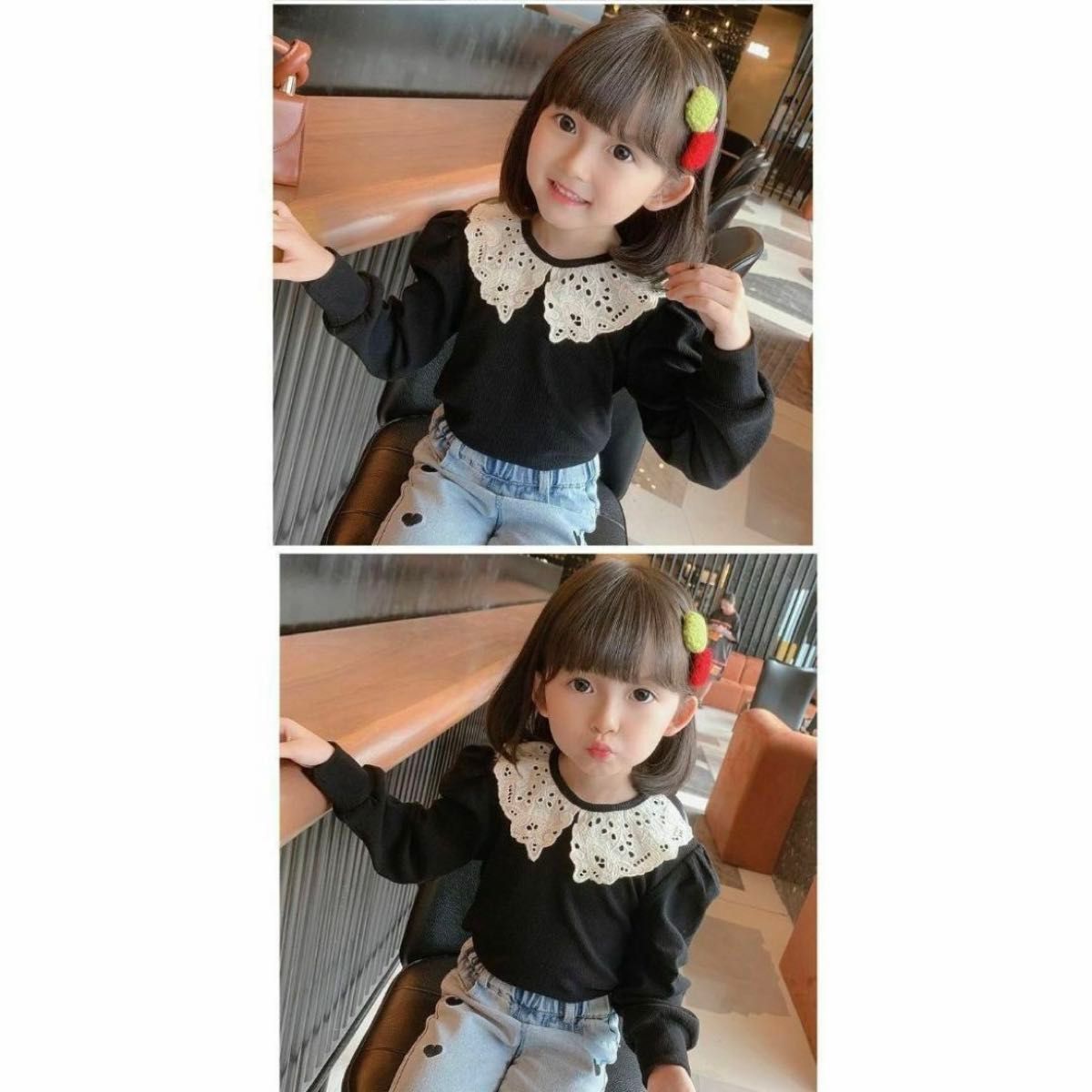 【在庫処分セール】レースえり付き リブロンT（ブラック/100サイズ　韓国子供服 かわいい