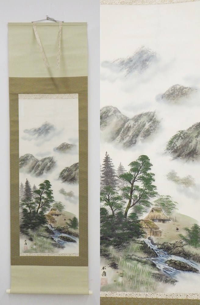 24-H-83【模写】掛軸　掛け軸　松嶺　山水図　詳細不明　約53cm×182cm　インテリア　壁掛け_画像1