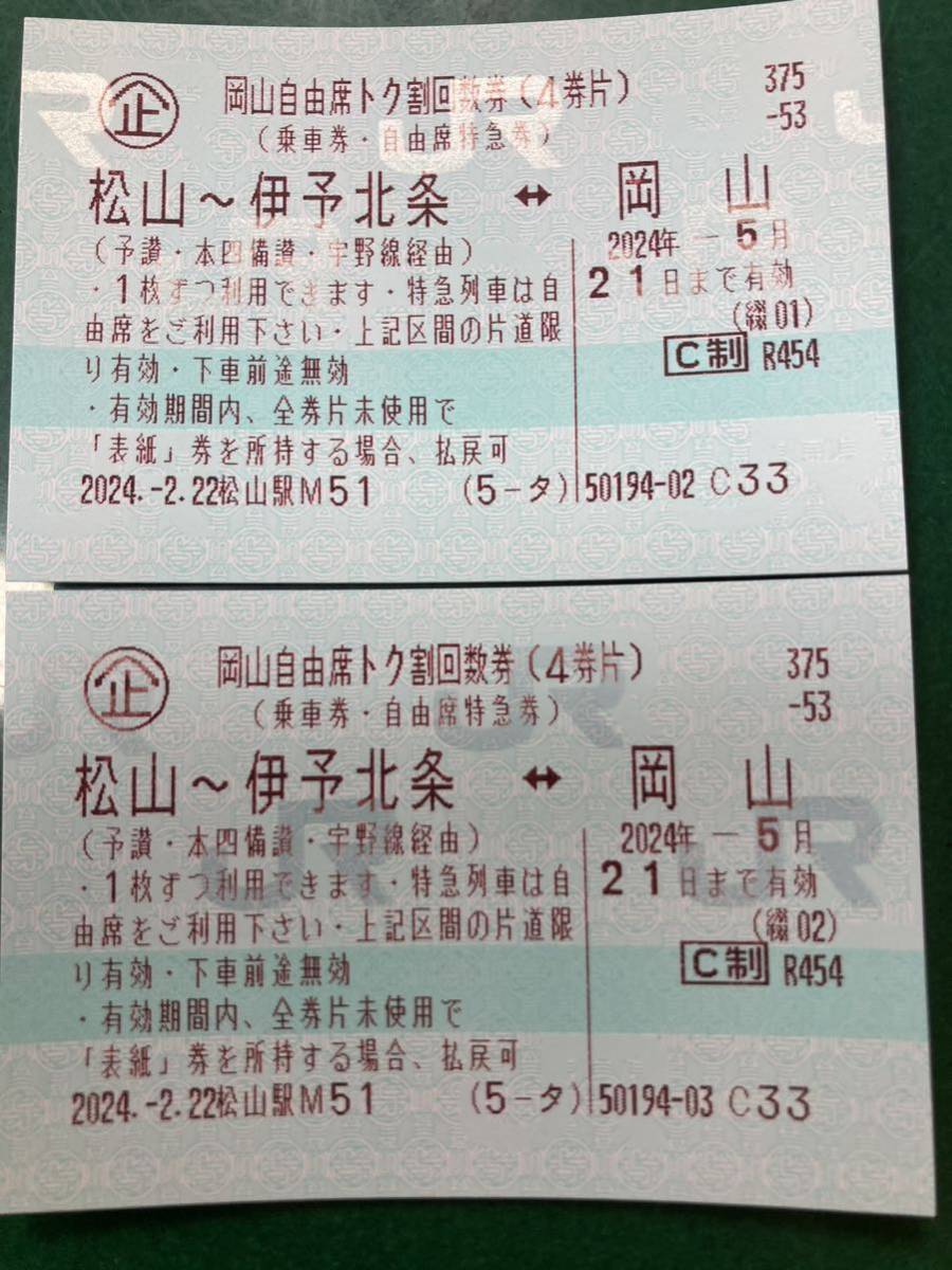 JR松山ー岡山自由席特急券　乗車券付　往復分2枚_画像1