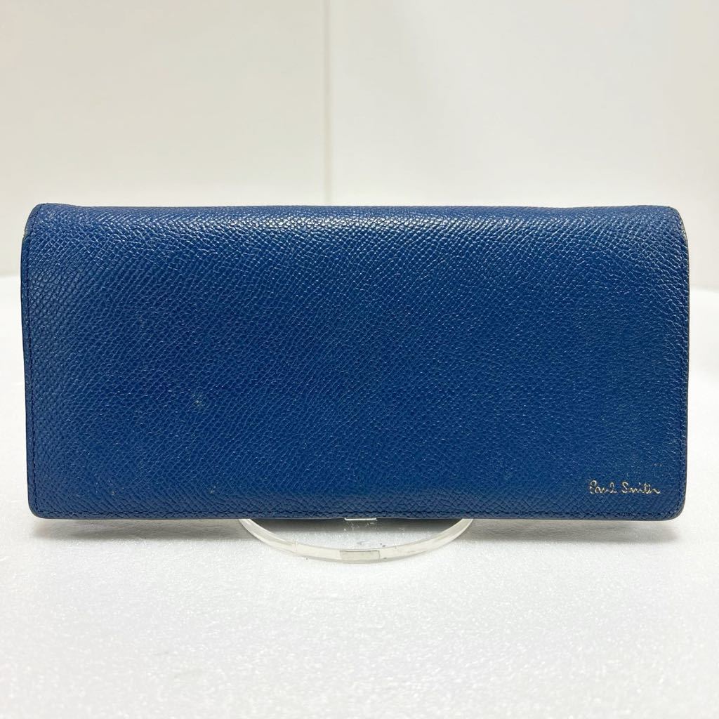 ◆Paul Smith ポールスミス◆ 長財布 二つ折り エンボス レザー 小銭入れ有 ロゴ刻印 ブルー＆ブラック【USED】0305の画像1