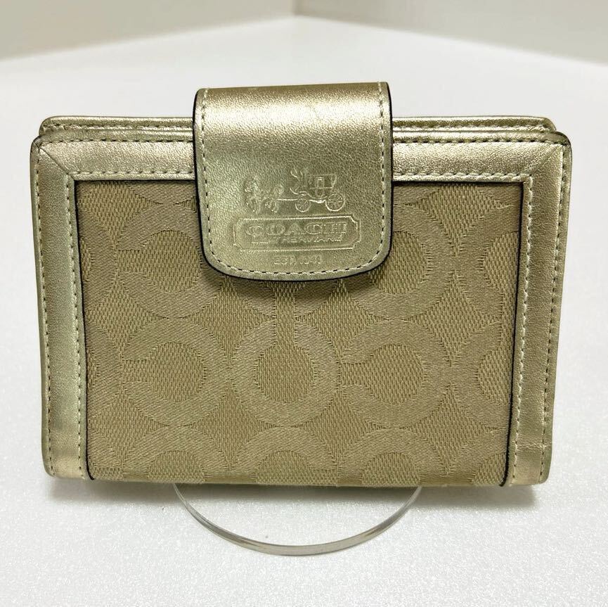 ☆COACH コーチ 手帳カバー☆　スナップ式　シグネチャー　キャンバス×レザー　ロゴ刻印　ゴールド【USED】0129_画像1