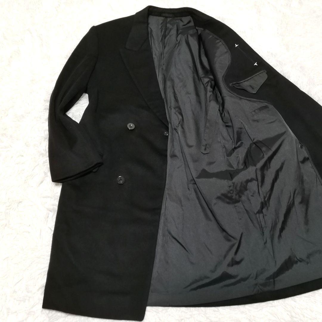  rare XL corresponding cashmere 100%* wistaria . wool woven FUJII KEORI double Chesterfield coat long coat formal outer simple men's black 