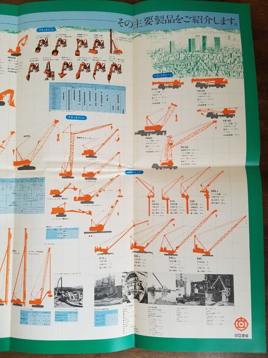 70s 当時物 日立 建設 機械 建機 カタログ ポスター 工事 車両 UH ショベルカー KH パイルドライバ トラック クレーン 昭和 レトロ 企業 の画像4