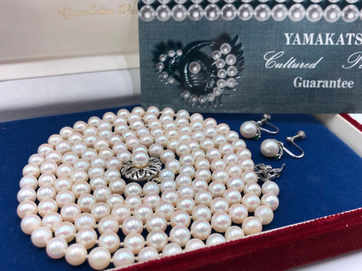 □★ 本真珠 あこや真珠 山勝真珠 パール ロング ネックレス 6.5mm-6.9mm 珠 イヤリング アクセサリー シルバー 全長約120㎝