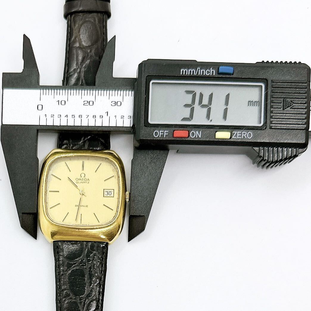 03304 オメガ OMEGA デビル DE VILLE メンズ 腕時計 デイト クォーツ 電池式 QZ ゴールドカラー 革ベルト プッシュリューズの画像9