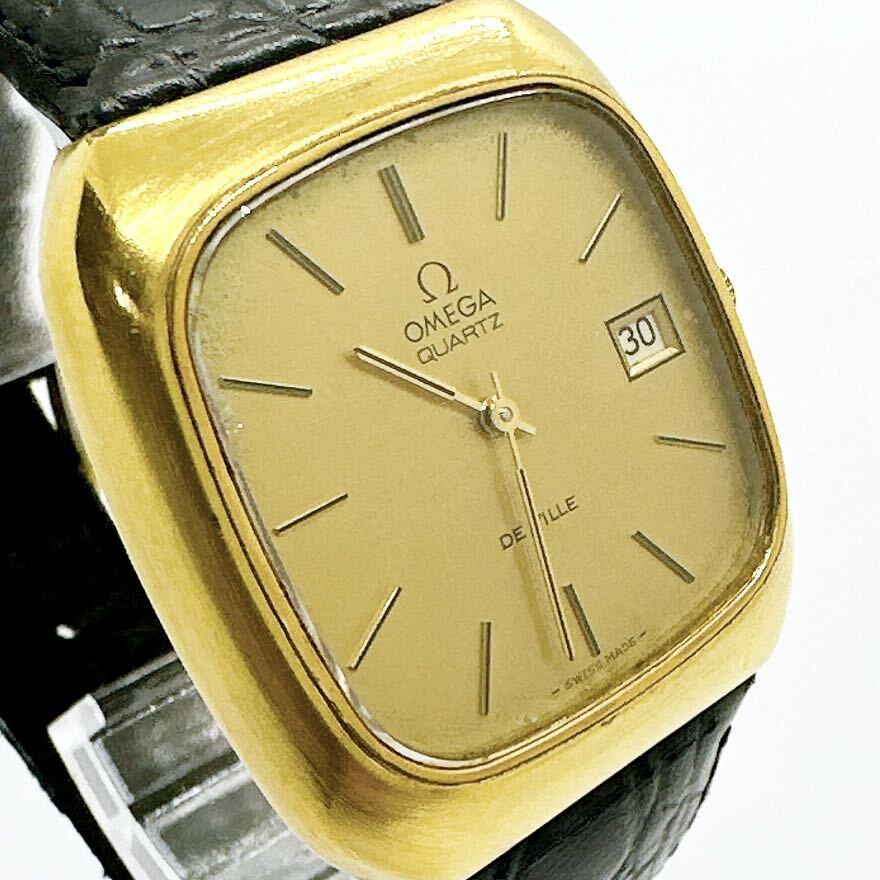 03304 オメガ OMEGA デビル DE VILLE メンズ 腕時計 デイト クォーツ 電池式 QZ ゴールドカラー 革ベルト プッシュリューズの画像3