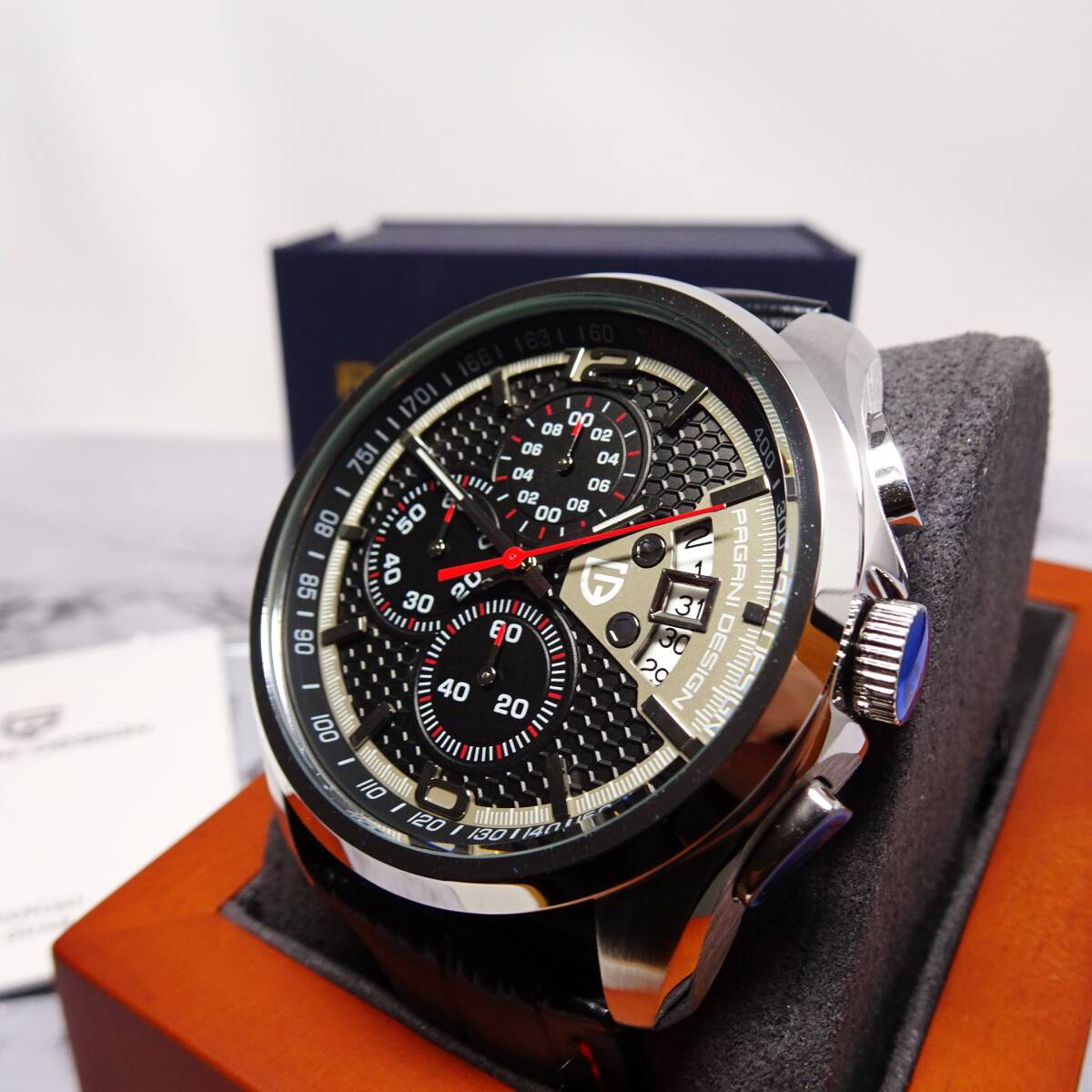 送料無料・新品・パガーニデザイン・メンズ・クロノグラフクオーツ式腕時計・クロコ型押し本革レザー・オマージュウオッチ・PD-3306 BK_画像5