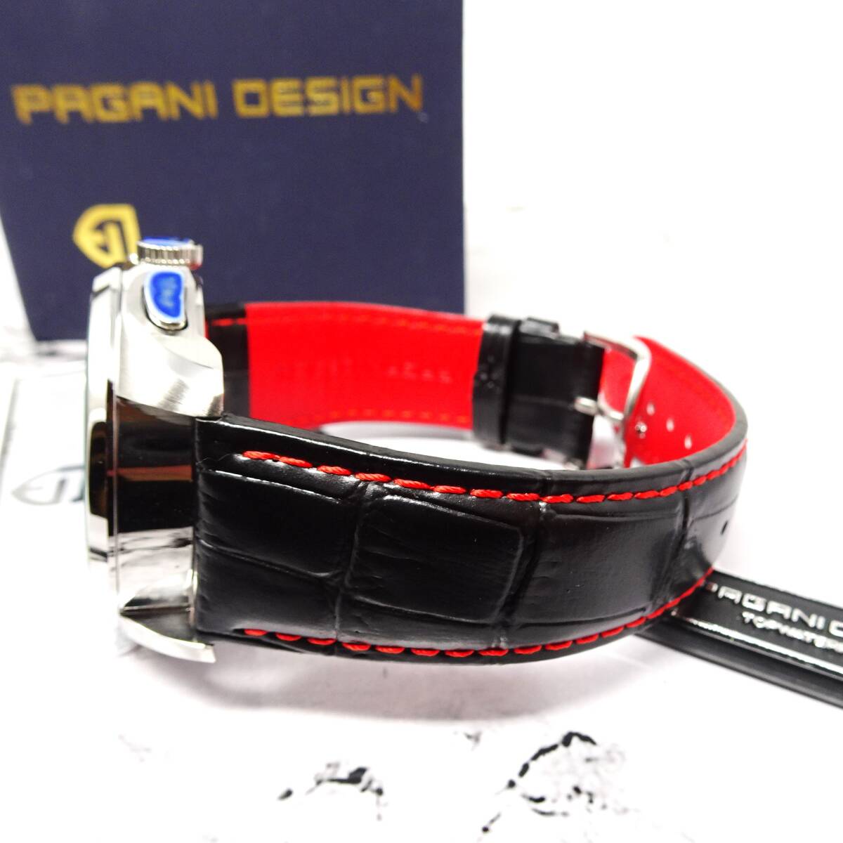 送料無料・新品・パガーニデザイン・メンズ・クロノグラフクオーツ式腕時計・クロコ型押し本革レザー・オマージュウオッチ・PD-3306 BK_画像9