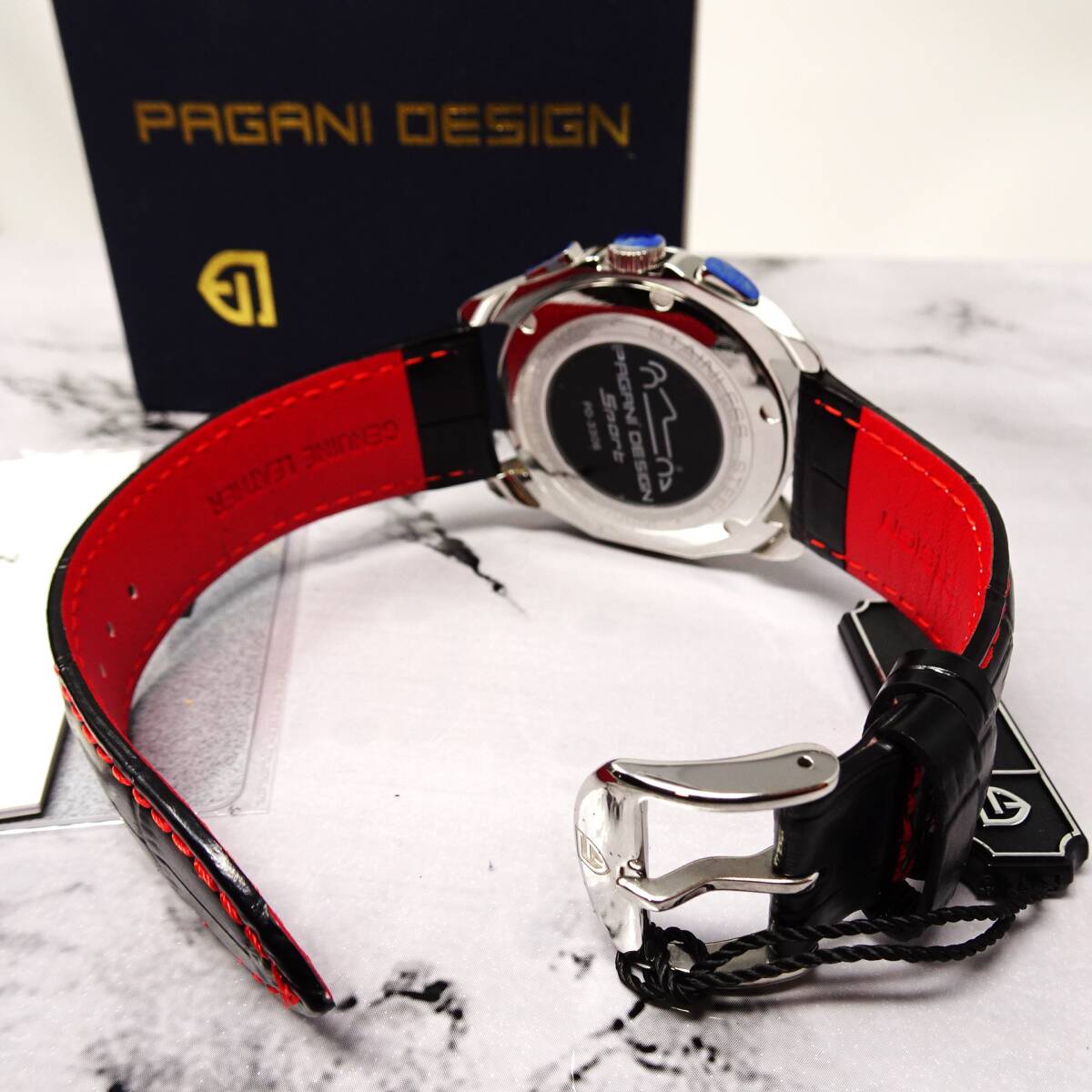 送料無料・新品・パガーニデザイン・メンズ・クロノグラフクオーツ式腕時計・クロコ型押し本革レザー・オマージュウオッチ・PD-3306 BK _画像5