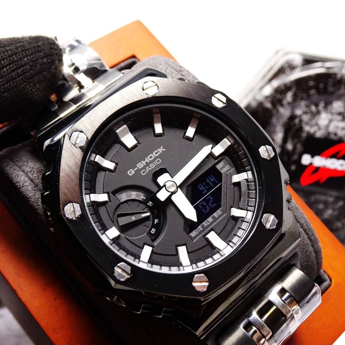 送料無料・新品・Gショックカスタム本体付きGA2100・オールステンレス製ベゼル・ブラック＆シルバーコンビモデルメンズ腕時計・カシオークの画像2