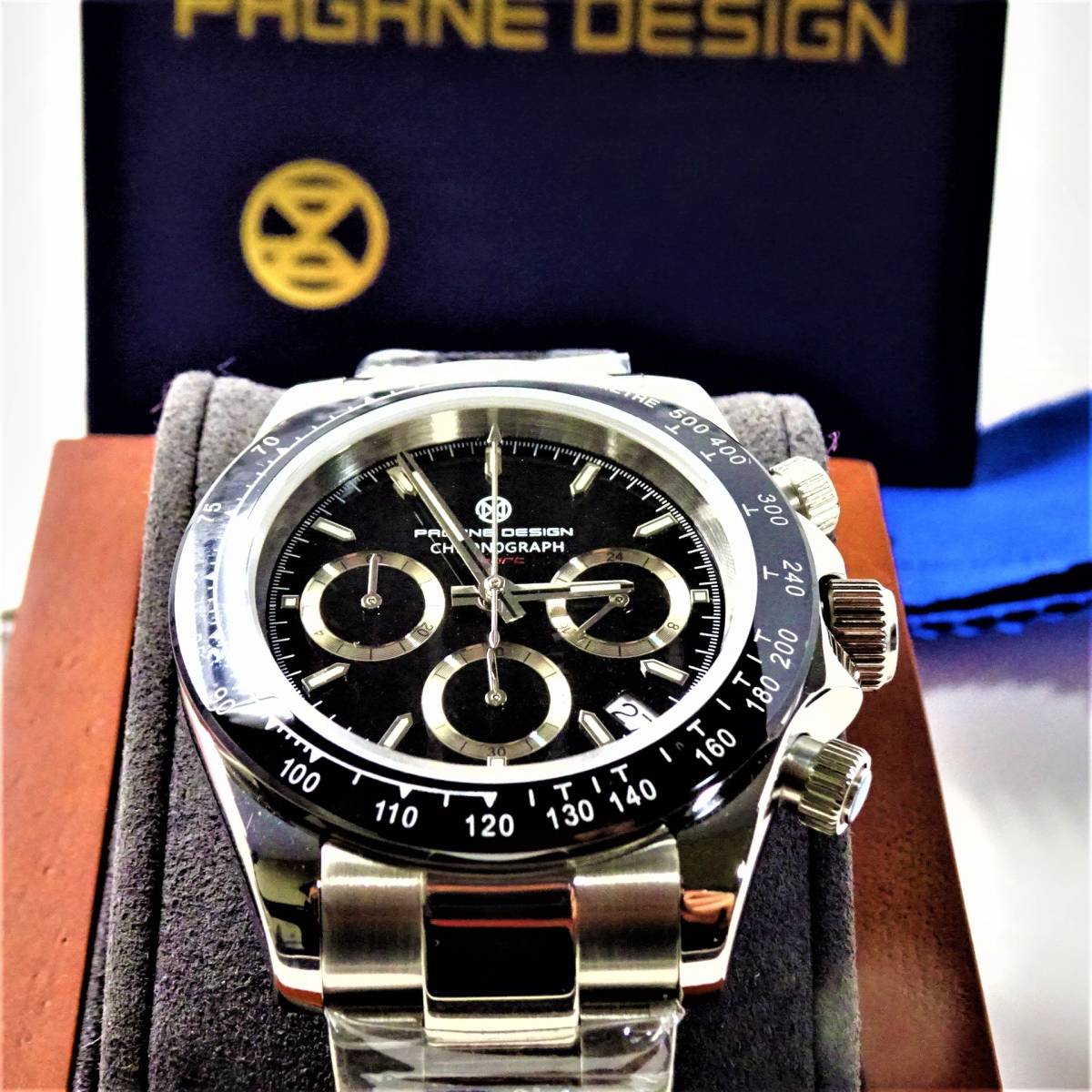 送料無料・新品・パガーニデザイン・メンズ・セイコー製VK63クロノグラフクオーツ式腕時計 ・オマージュウオッチ・ステンレス・ブラックの画像3
