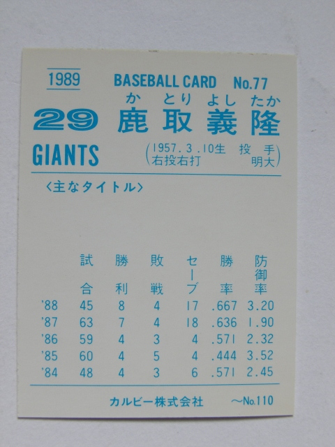 カルビー プロ野球カード 1989 No.77 鹿取義隆 読売巨人 ジャイアンツ_画像2