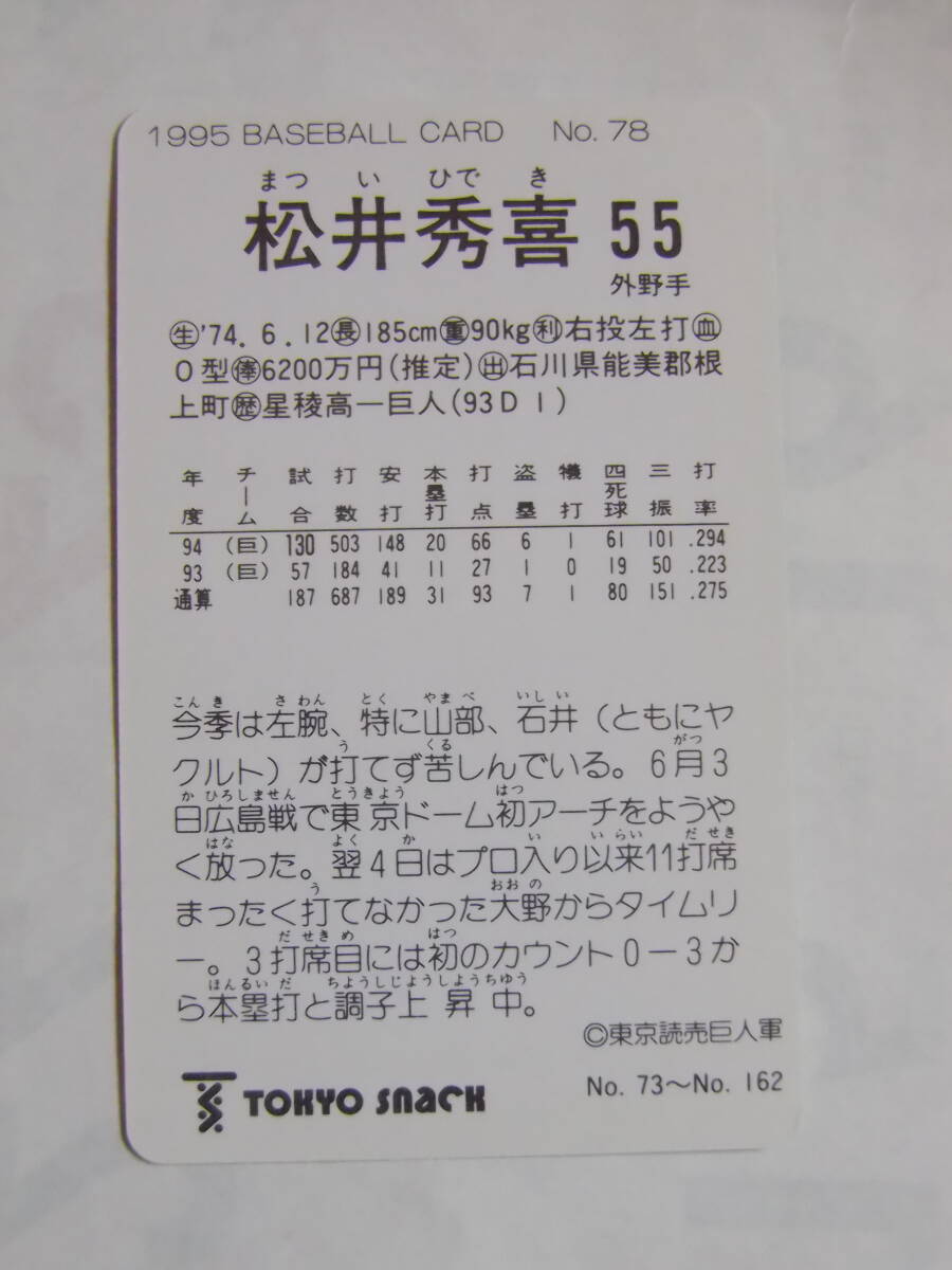 カルビー ベースボールカード 1995 No.78 松井秀喜 読売巨人 ジャイアンツ_画像2