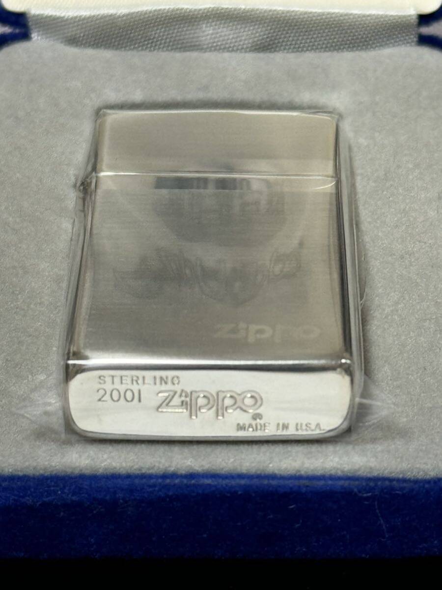 zippo スターリングシルバー スリム STERLING SILVER 年代物 2001年製 純銀 前面加工品 silver シルバー ベロアケース 収納布袋 保証書