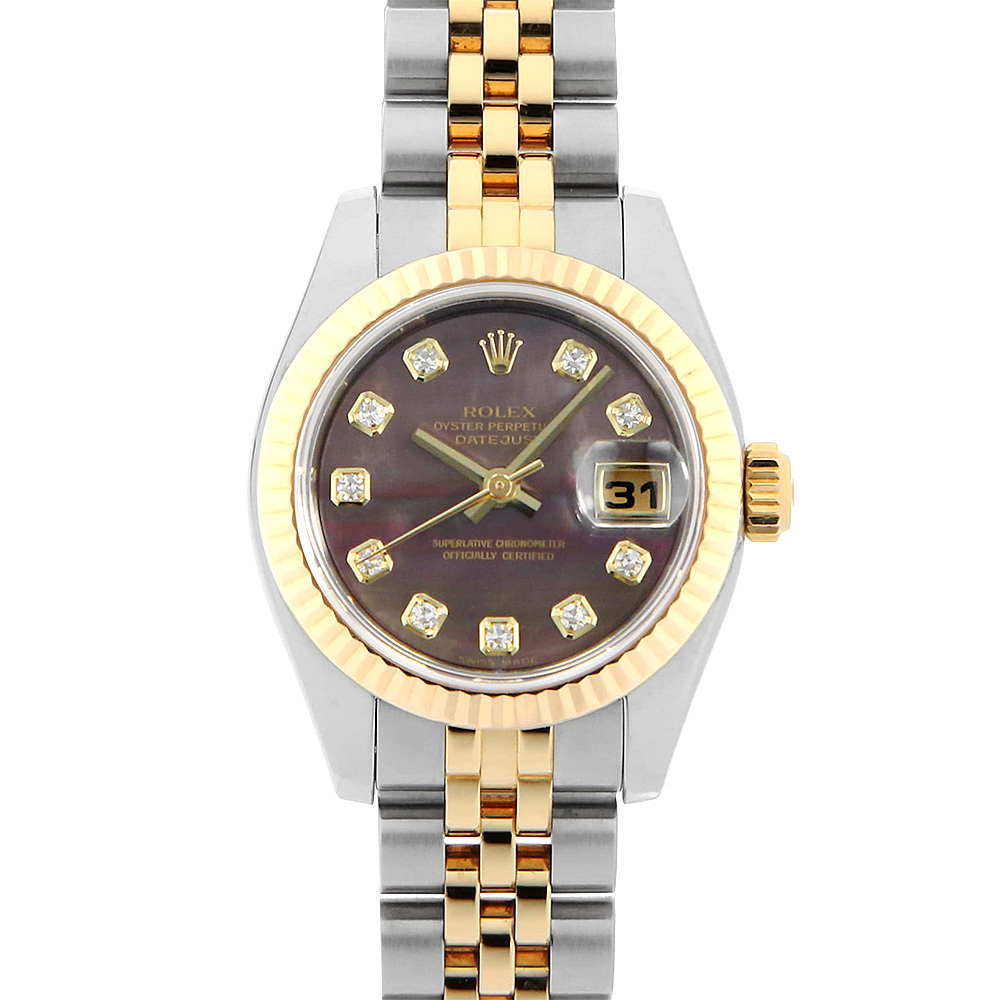ロレックス デイトジャスト 10Pダイヤ 179173NG ブラックシェル F番 中古 レディース 腕時計