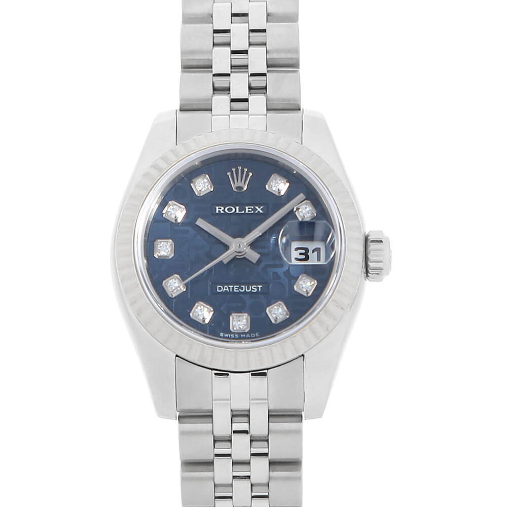 ロレックス デイトジャスト 10Pダイヤ 179174G ブルー 彫りコンピューター D番 中古 レディース 腕時計