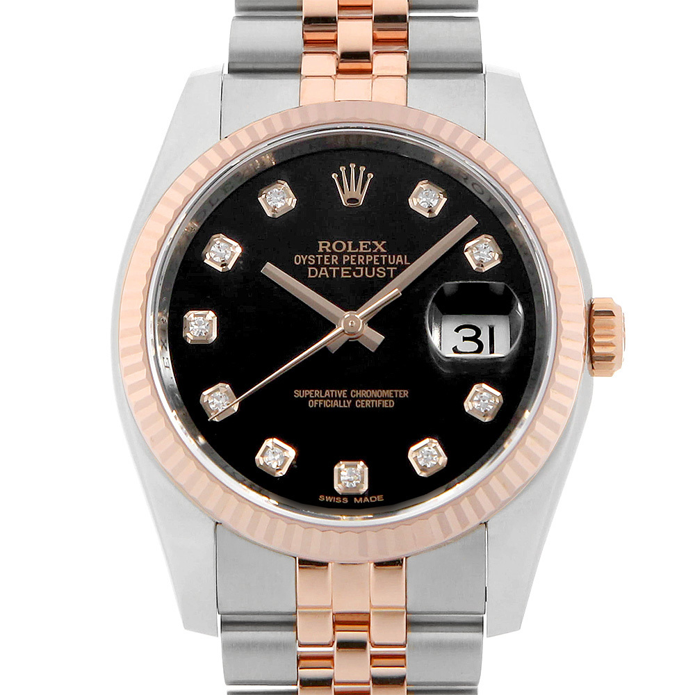 ロレックス デイトジャスト 10Pダイヤ 116231G ブラック ランダム番 中古 メンズ 腕時計