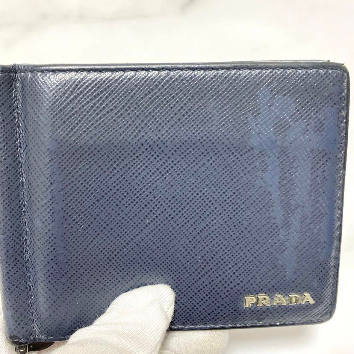 PRADA プラダ　カードケース　マネークリップ　小財布　レザー　ネイビー