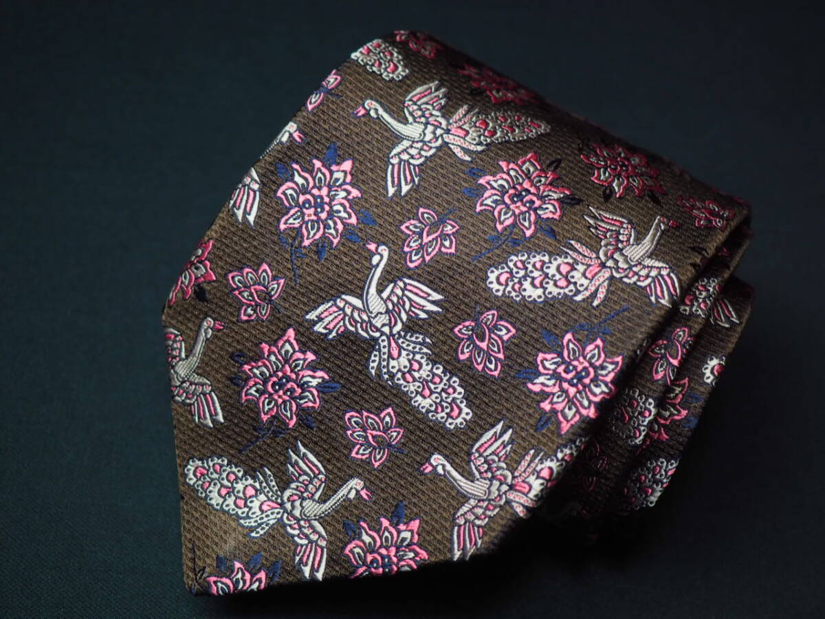 美品 【Paul Smith ポールスミス】A2164 ブラウン 花 鳥 柄 イタリア ITALY製 SILK ブランド ネクタイ 古着 良品_画像1