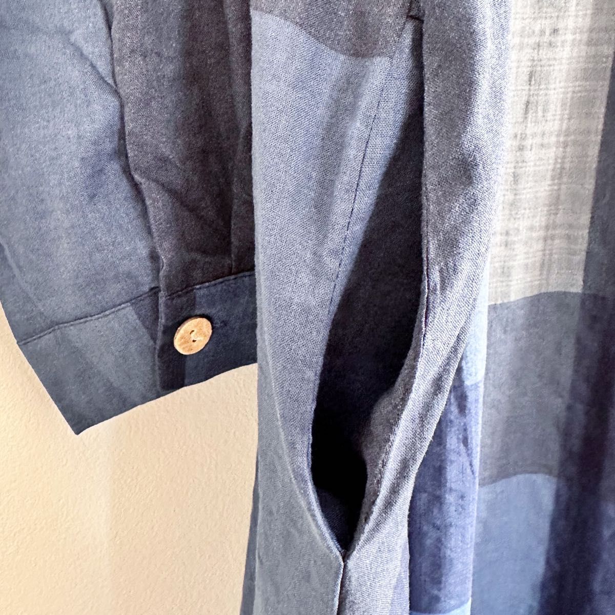 Aライン マキシ ワンピース チェック ブルー 青 XL 体型カバー ゆったり ブルー ロング 長袖