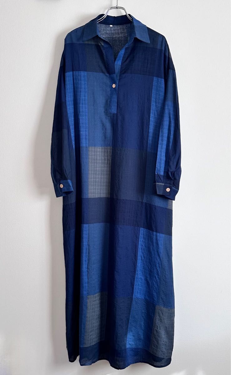 Aライン マキシ ワンピース チェック ブルー 青 XL 体型カバー ゆったり ブルー ロング 長袖