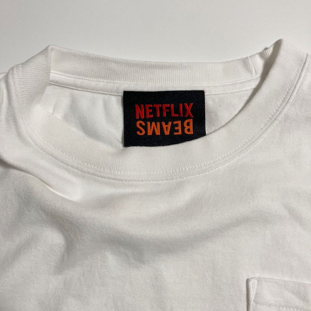 Netflix BEAMS コラボ ポケット Tシャツ ラバーロゴ ホワイト L シティー 古着 ビームス 人気 動画 コンテンツ ネットフリックス■SAP136_画像4