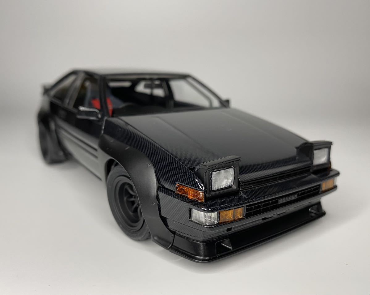 【フルカーボン】【1円スタート】アオシマ製 1/24 AE86 N2仕様 カーボンデカール貼り込みフルカーボン 樹脂オーバーフェンダー 完成品の画像3