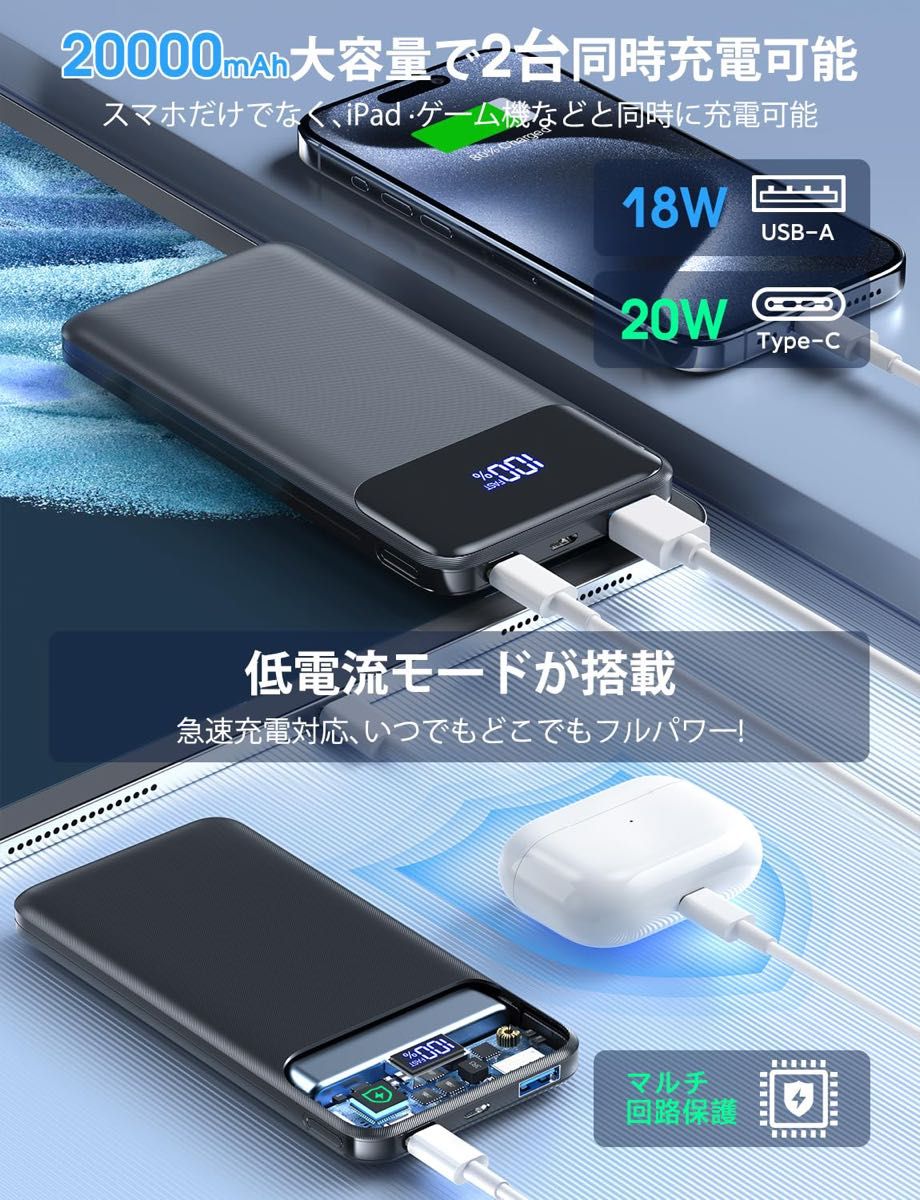 【2023極薄モデル20000mAh大容量】モバイルバッテリー 急速充電 2台同時充電 残量表示　アウトドア/キャンプ