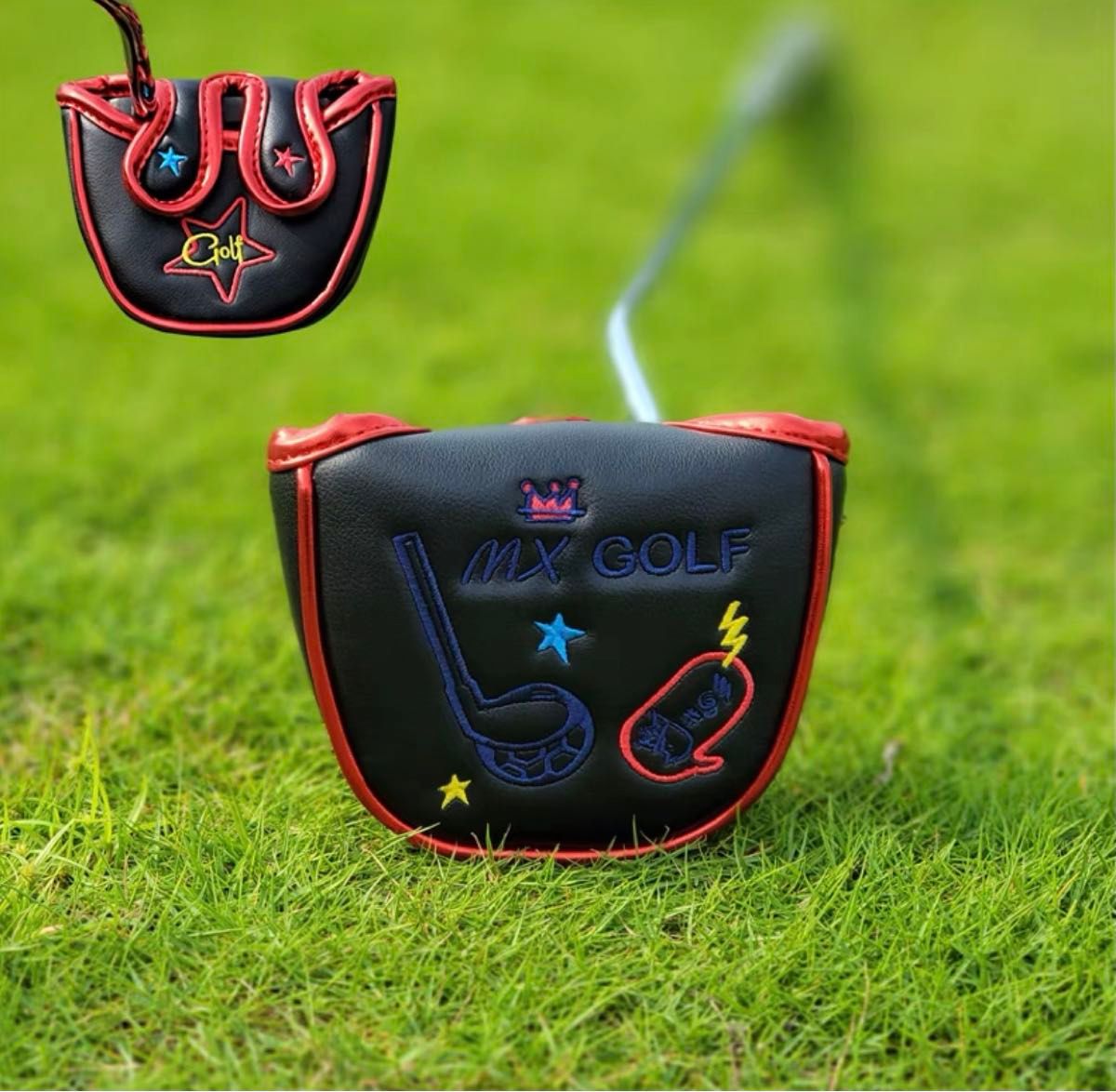 【新品 】韓国バージョンのMXgolfゴルフパターカバー高級PUレザー製マレット磁石開閉 センターシャフト適用黒色