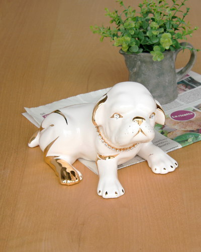 犬 置物 イタリア製 ボクサー犬 陶器 ハンドメイド ドッグ エレガント ベージュ ゴールド クリスタル 24K オブジェ 飾り インテリア 輸入