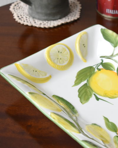  angle plate Italy made lemon pattern yellow white ceramics hand made Western-style tableware . plate long plate import tableware stylish Country kitchen pretty 