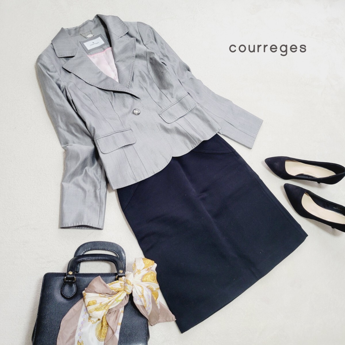  Courreges * верх и низ в комплекте * размер 38 серый жакет + чёрный юбка формальный костюм courreges шелк 