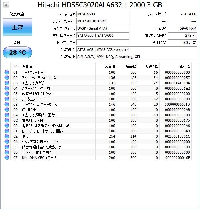 HITACHI HDS5C3020ALA632 2TB 5940RPM