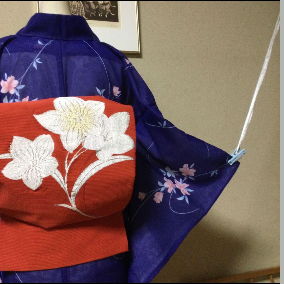 未使用 涼しげ 絽 薄物 夏着物 単衣 青 花柄 Mサイズ しつけ糸 未使用 涼しげ 絽 薄物 夏着物 単衣 青 花柄 Mサイズ しつけ糸