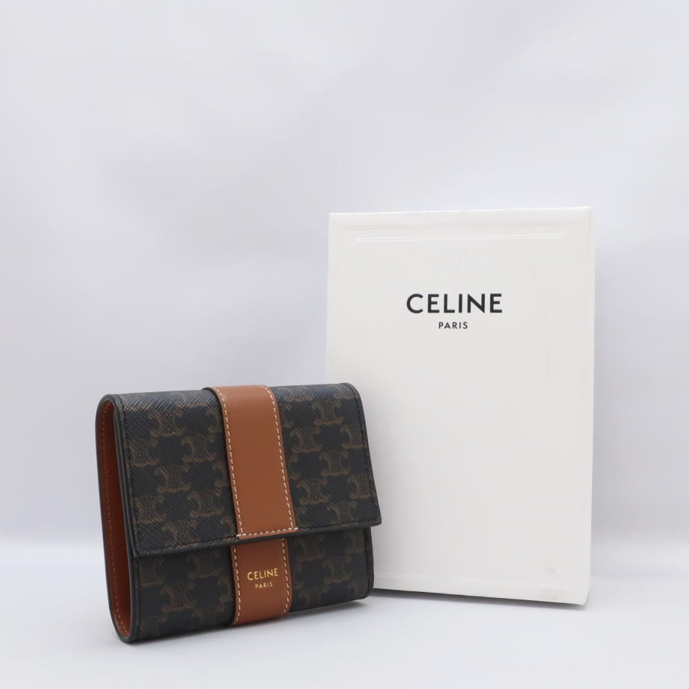 CELINE セリーヌ スモール トリフォールドウォレット 三つ折り コンパクト財布 トリオンフ キャンバス タン 10D572BZ9◆中古A+ランク_画像8