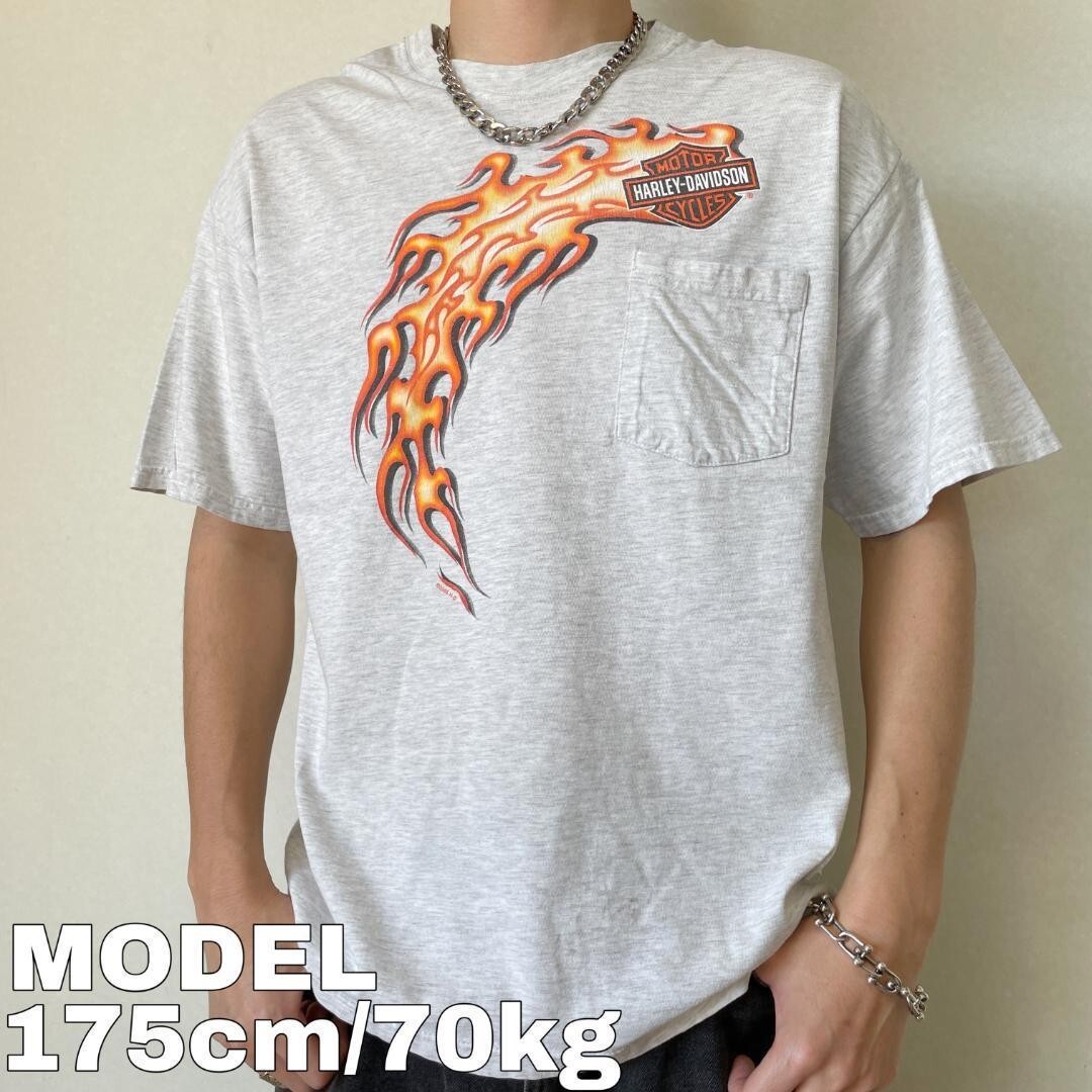 ハーレーダビッドソン プリントTシャツ 00s USA製 両面 炎 グレー L