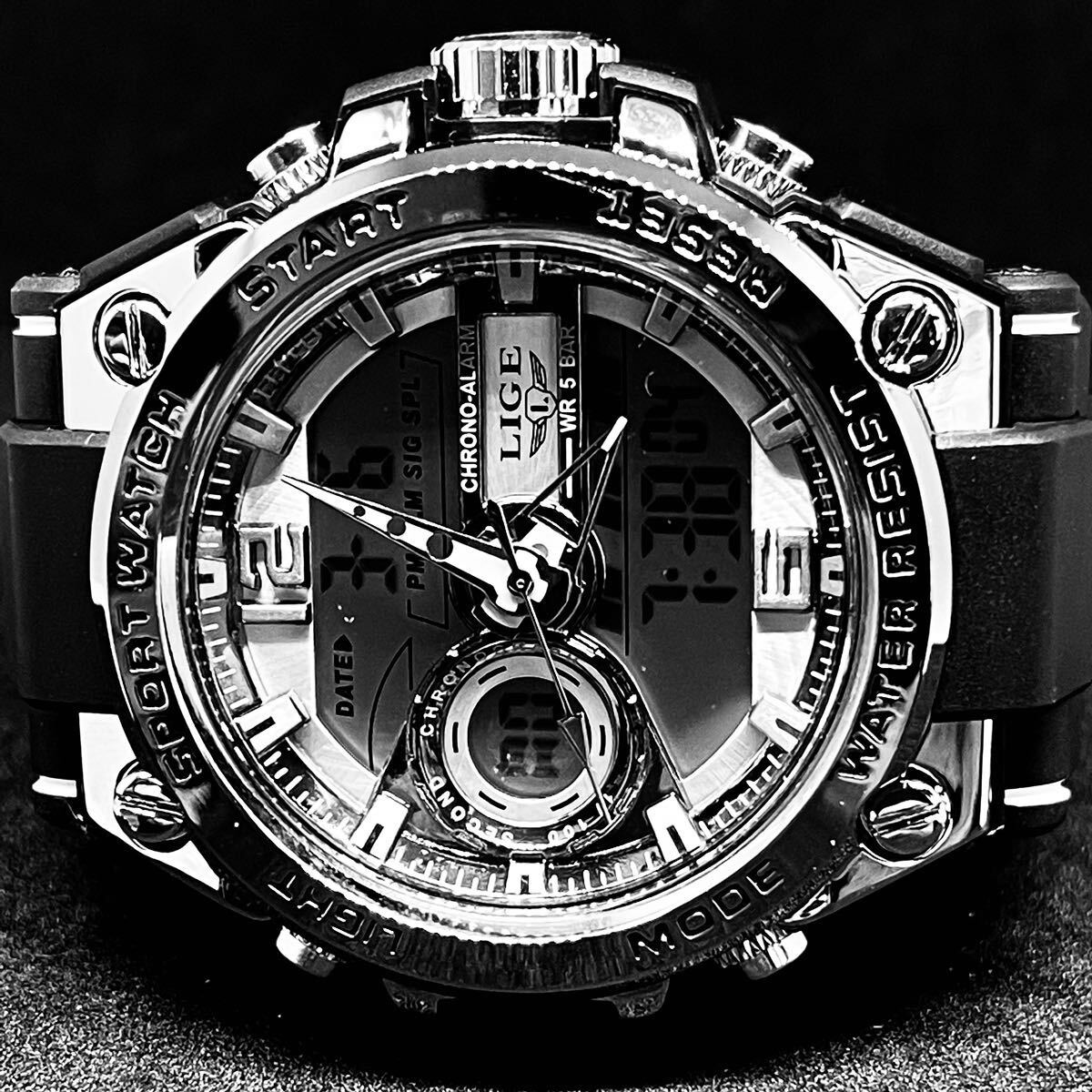 新品 LIGE スポーツデュアルウォッチ 50m防水腕時計 メンズ腕時計 シルバー＆ブラックの画像8