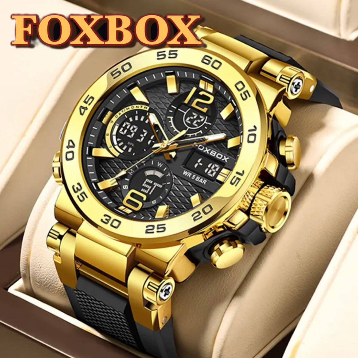 新品 FOXBOX デュアルウォッチ50M防水メンズ腕時計 ラバーストラップ ブラック＆ゴールド_画像1