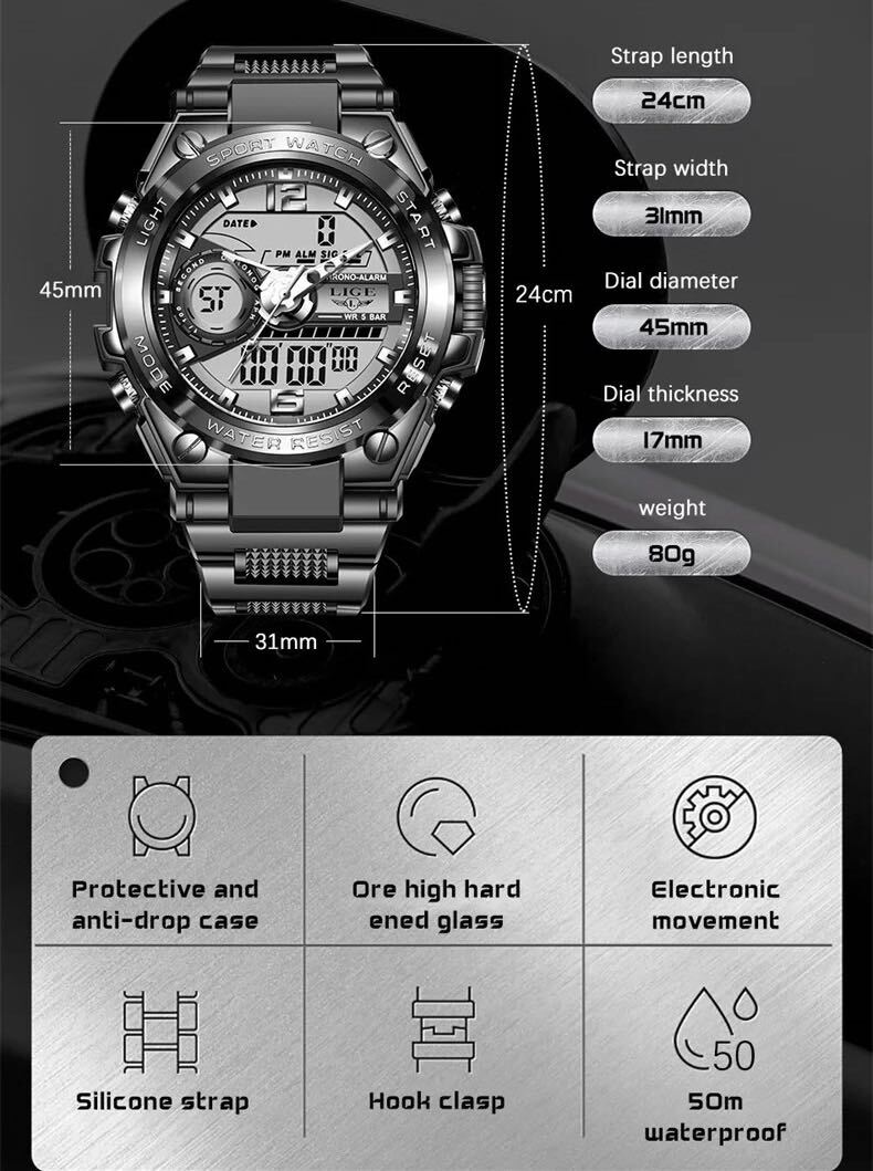 新品 LIGE スポーツデュアルウォッチ 50m防水腕時計 メンズ腕時計 ブラック ストップウォッチ_画像6