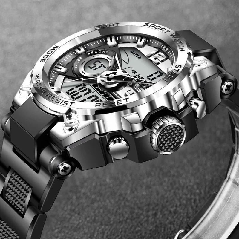 新品 LIGE スポーツデュアルウォッチ 50m防水腕時計 メンズ腕時計 シルバー＆ブラックの画像4