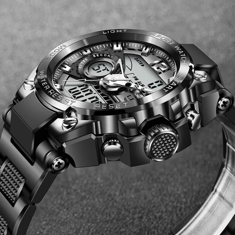 新品 LIGE スポーツデュアルウォッチ 50m防水腕時計 メンズ腕時計 ブラック ストップウォッチ_画像4