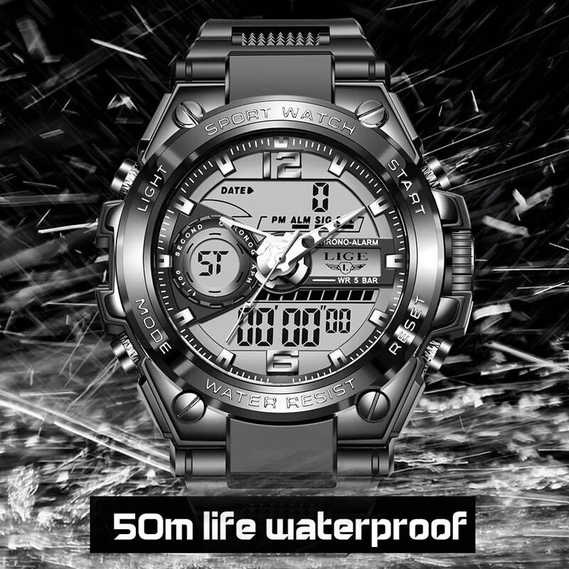新品 LIGE スポーツデュアルウォッチ 50m防水腕時計 メンズ腕時計 ブラック ストップウォッチ_画像5