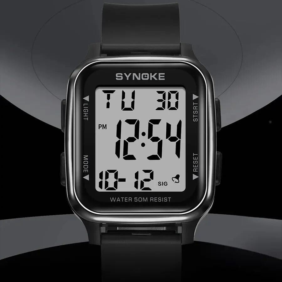 新品 SYNOKEスポーツデジタル 防水 デジタルストップウォッチ メンズ腕時計 スクエア ブラック 9836_画像4