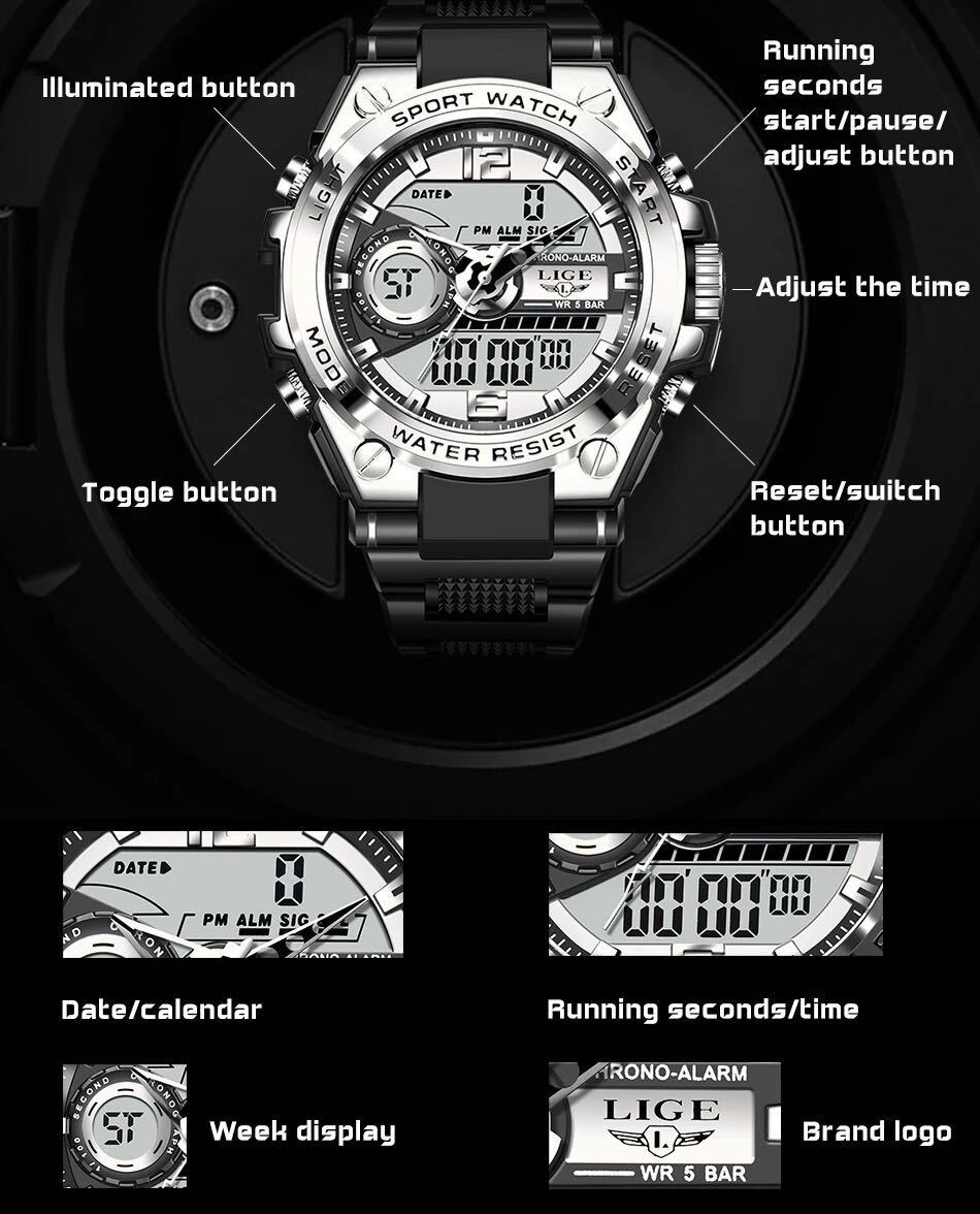 新品 LIGE スポーツデュアルウォッチ 50m防水腕時計 メンズ腕時計 シルバー＆ブラックの画像7